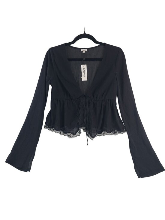 Garage Tops - NEW Garage Georgette Lace Trim Flyaway Long Sleeve Top In Jet Black Size P/S